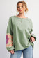 Smoke Green Flower Patchwork Raglan Sleeve Exposed Seam Oversized Top