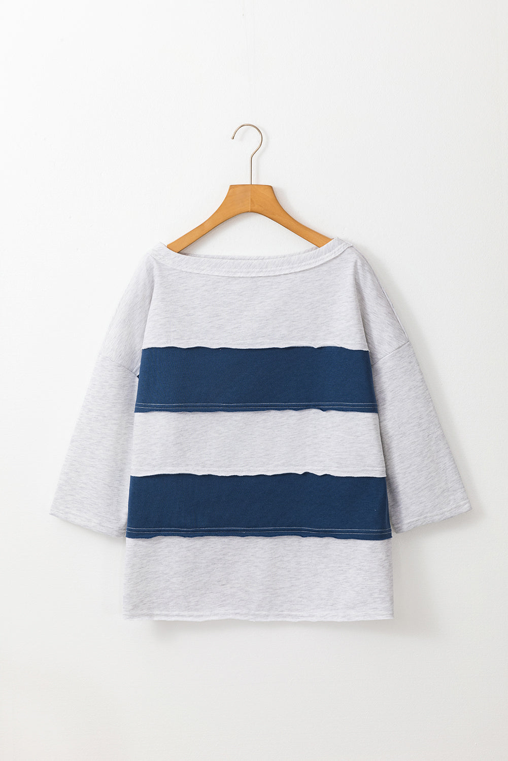 Sail Blue Colorblock Striped Patchwork 3/4 Sleeve Raw Seamed Sweatshirt