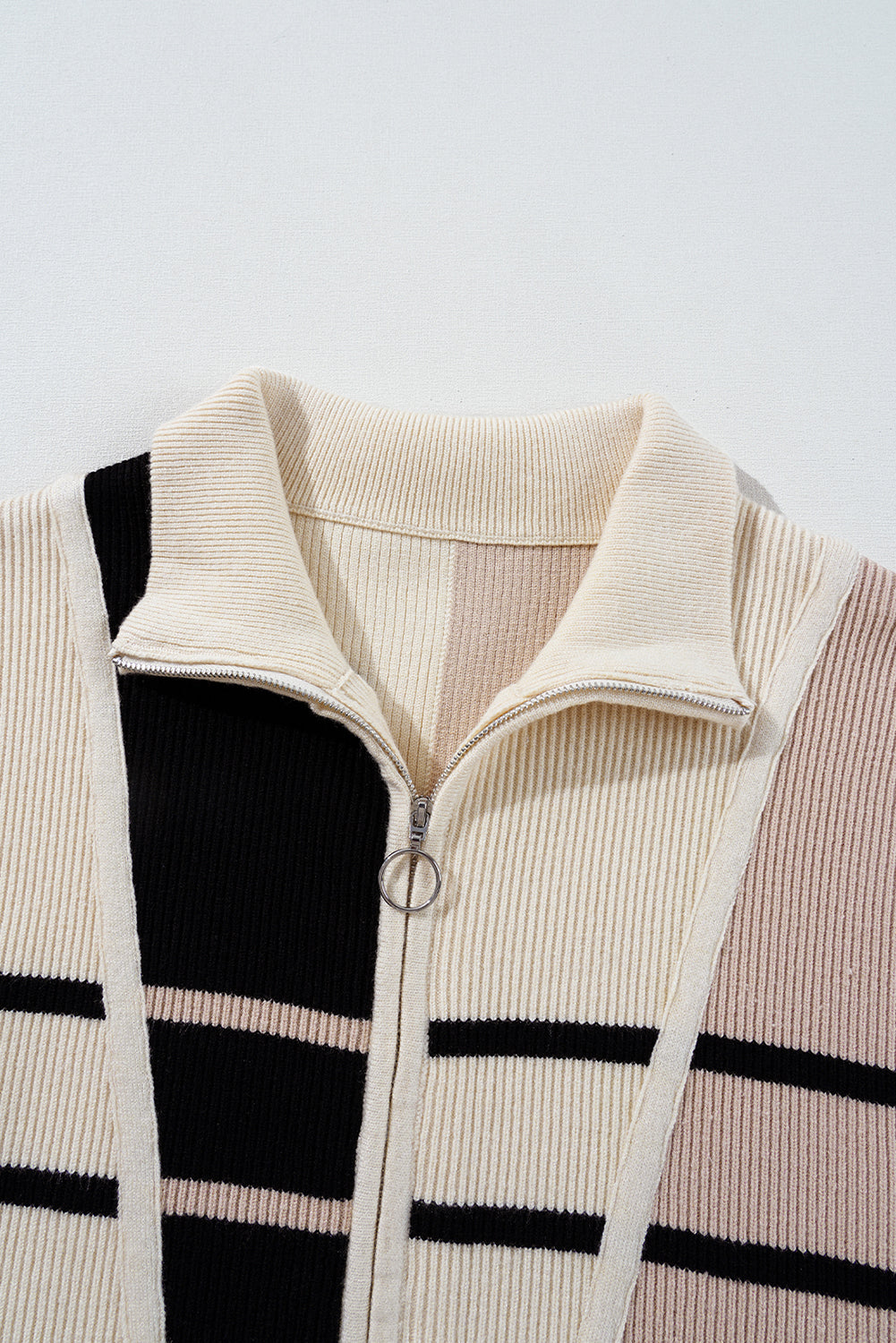 Khaki Stripe Color Block Quarter Zip Collar Short Sleeve Sweater Dress