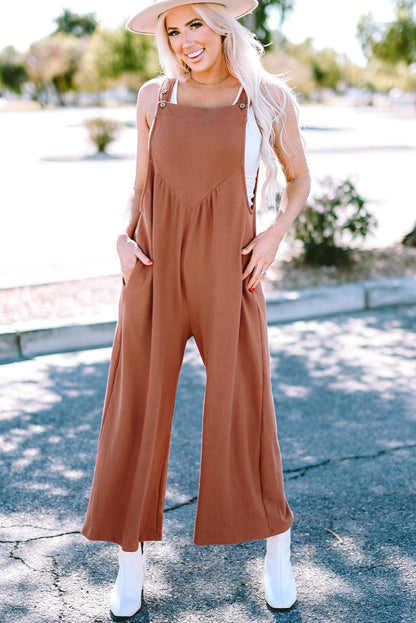 Gold Flame Textured Buttoned Straps Ruched Wide Leg Jumpsuit