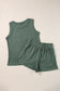 Mist Green Waffle Knit Patched Pocket Tank and Drawstring Shorts Set