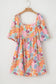 Pink Summer Floral Square Neck Puff Sleeve Babydoll Dress