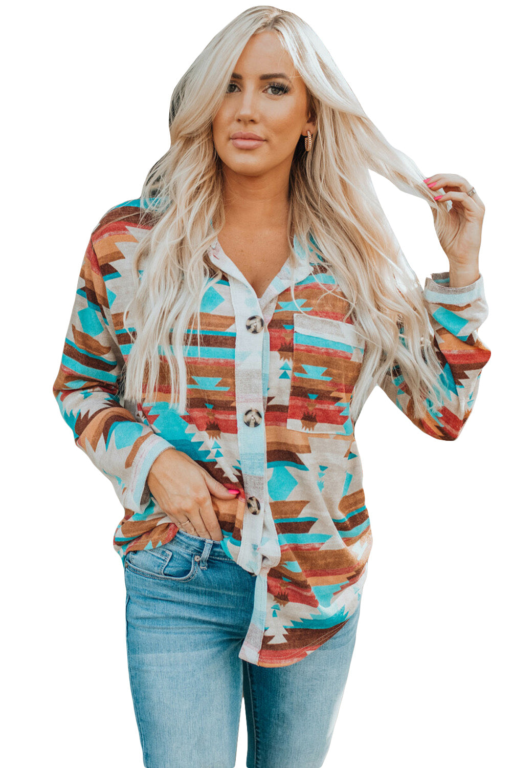 Multicolor Aztec Print Buttoned Pocket Chest Long Sleeve Shirt