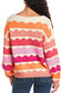 Rose Red Wave Striped Balloon Sleeve Drop Shoulder Sweater