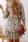 Sky Blue Floral 3/4 Sleeve V Neck High Waist Ruffled Dress