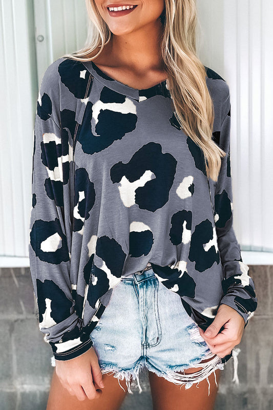 Gray Leopard Print Long Sleeve Loose Top