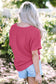 Bright Pink Textured Rolled Sleeve V Neck Tee