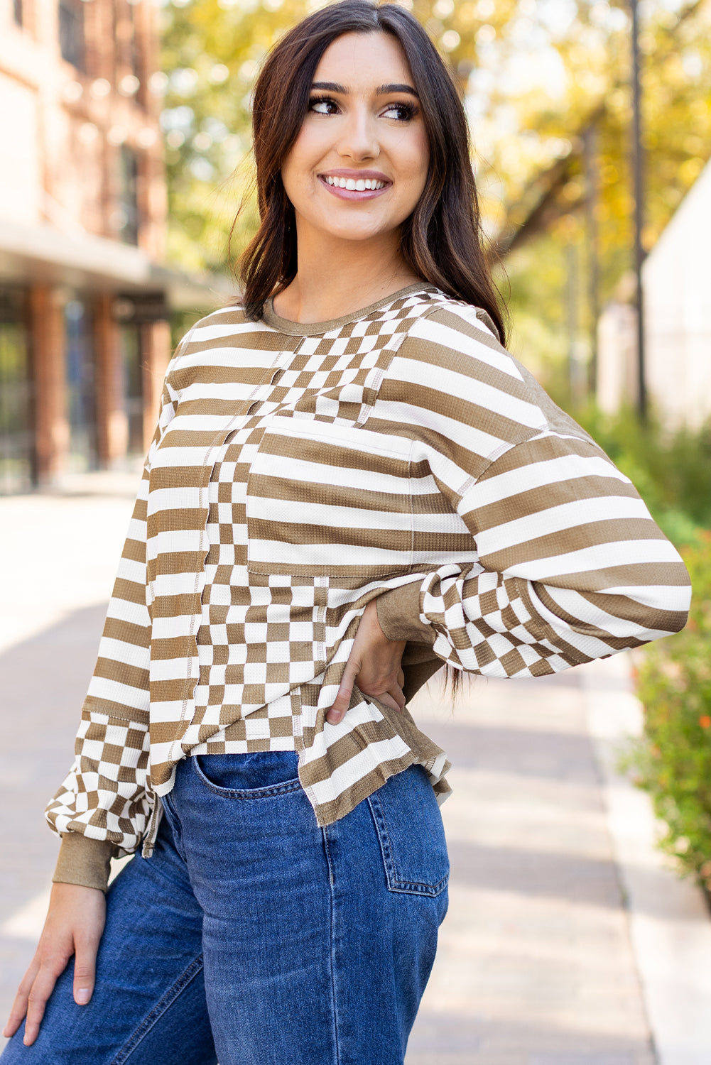 Khaki Checkerboard Striped Patchwork Lantern Sleeve Pocketed Blouse