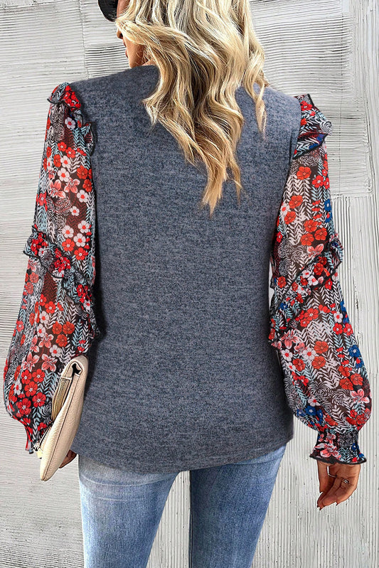 Blue Ruffle Tiered Floral Sleeve Crew Neck Blouse