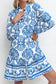 Sky Blue Tribal Print Button Up Notch Neck Loose Mini Dress