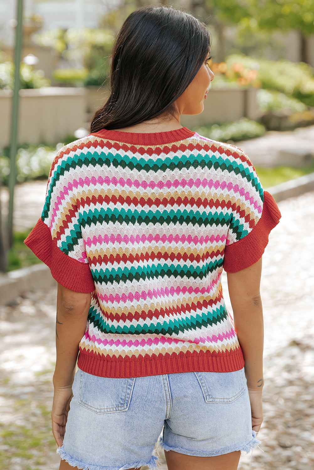 Fiery Red Trimmed Ruffle Sleeve Colorful Textured Sweater