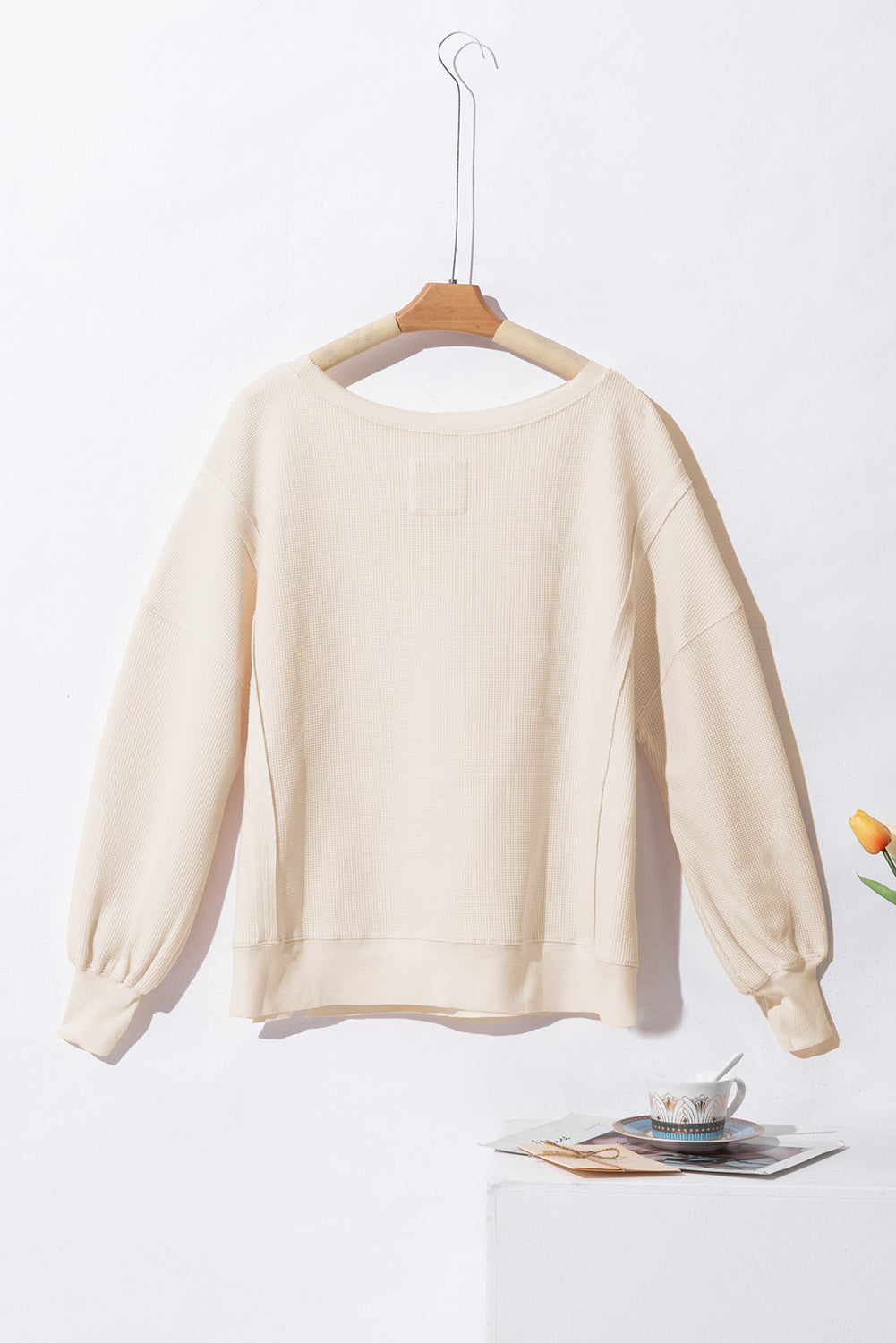 White Waffle Knit Bishop Sleeve Split Oversized Sweatshirt