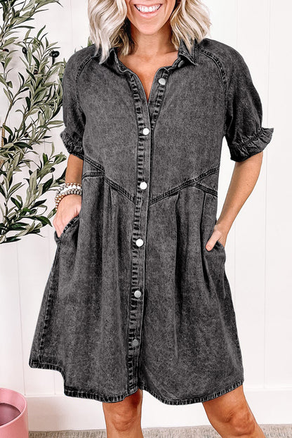 Medium Grey Mineral Wash Ruffled Short Sleeve Buttoned Denim Dress