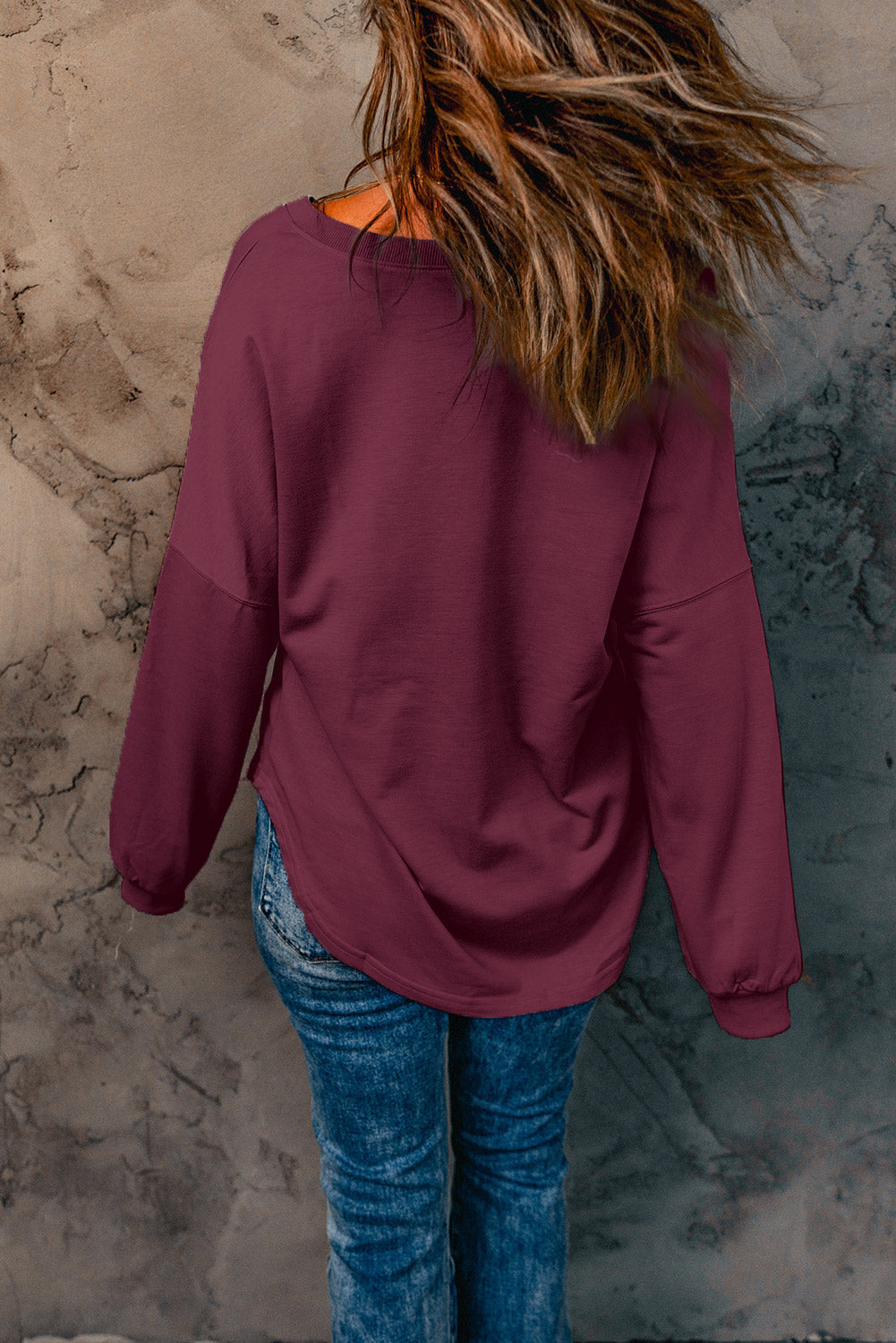 Wine Buttoned V Neck Cotton Loose Fit Top