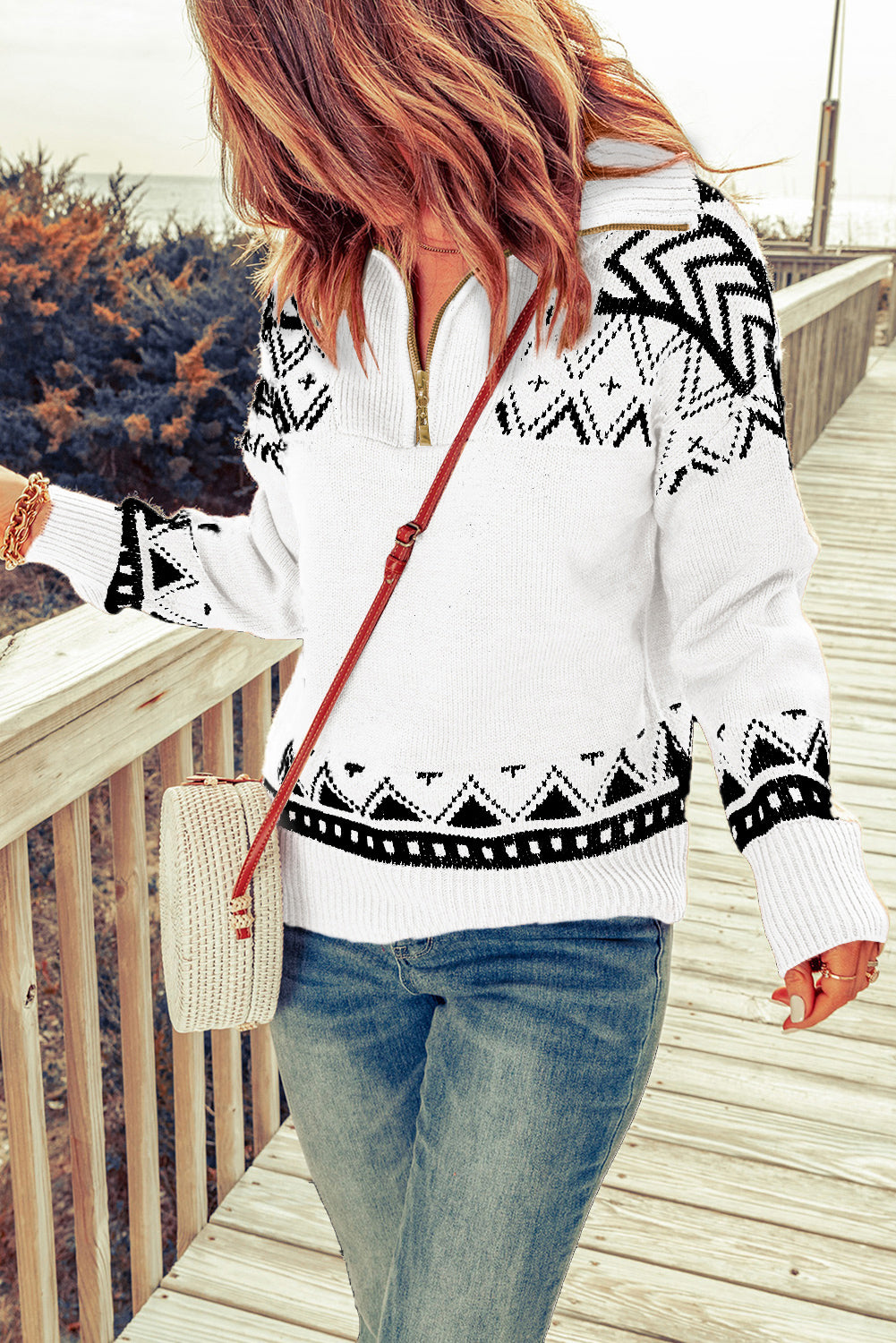 White Geometry Knit Quarter Zip Sweater