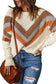 Beige Chevron Striped Drop Shoulder Sweater