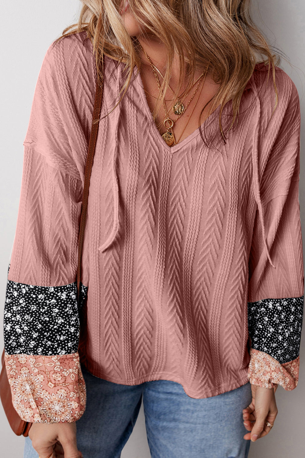 Dusty Pink Floral Patchwork Textured Knit Drawstring V Neck Blouse