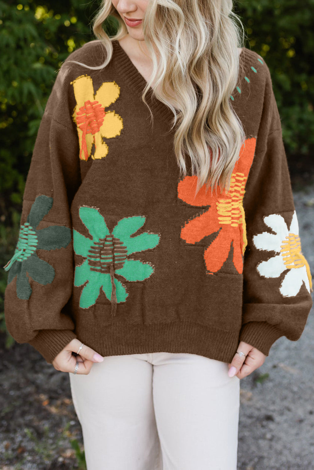 Coffee Big Flower Pattern V Neck Drop Shoulder Sweater