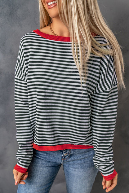 Contrast Trimmed Striped Drop Shoulder Sweater