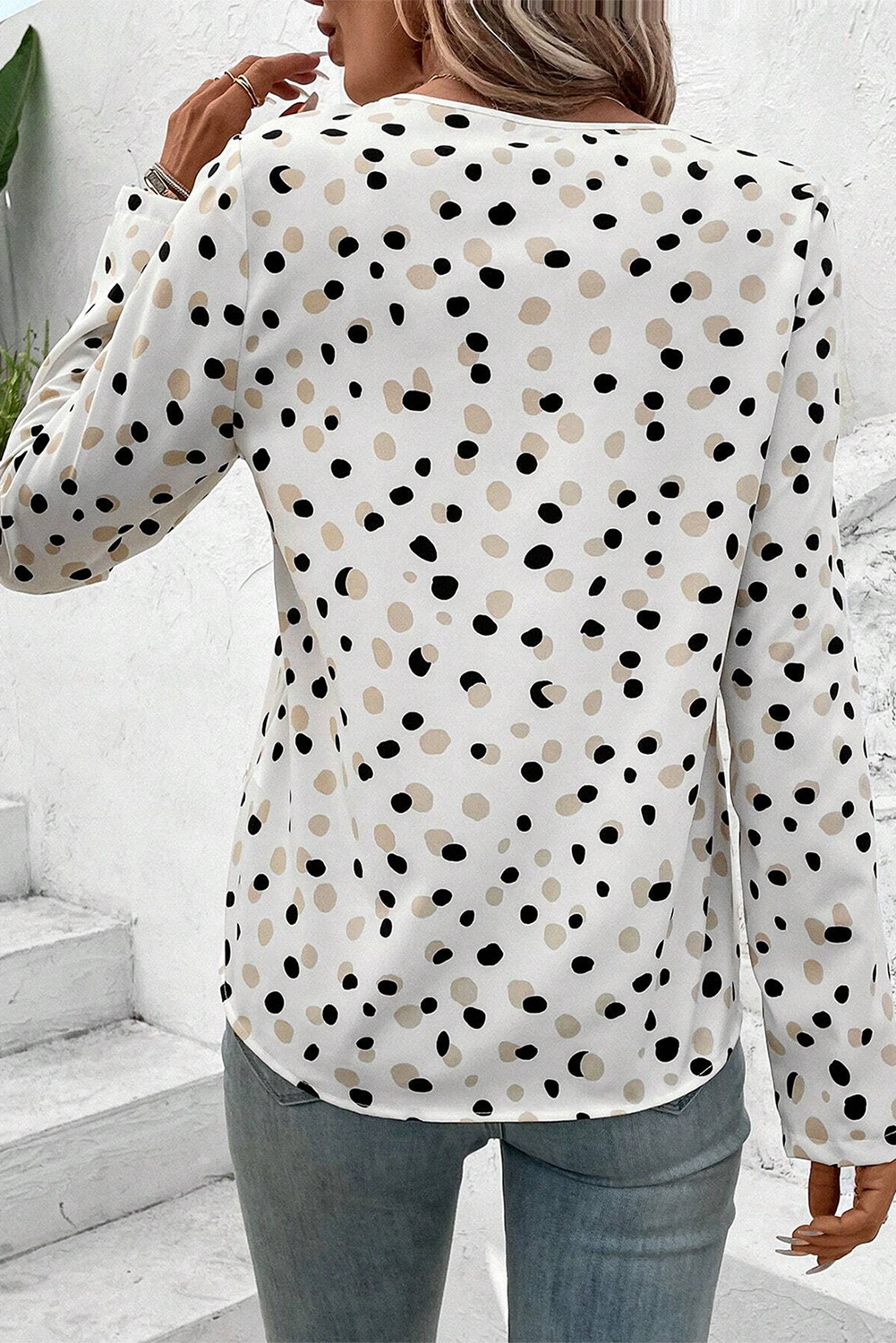 White Polka Dot Print Button Front V Neck Blouse