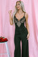 Black Lace V Neck Bodice Spaghetti Straps Wide Leg Jumpsuit