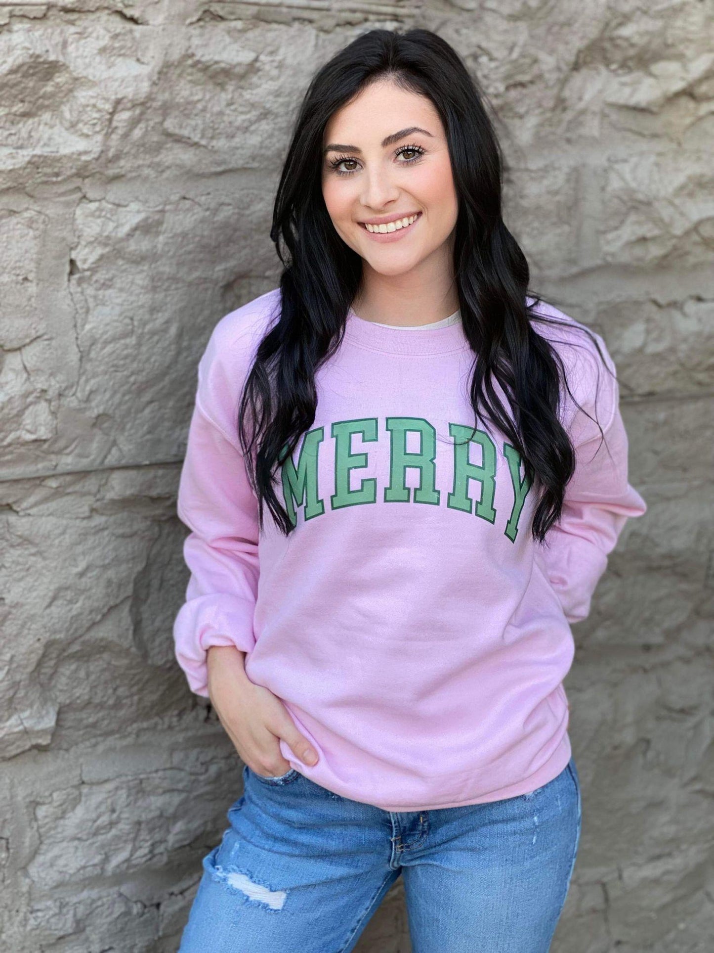 Pink Varsity Style Merry - ASK Apparel LLC