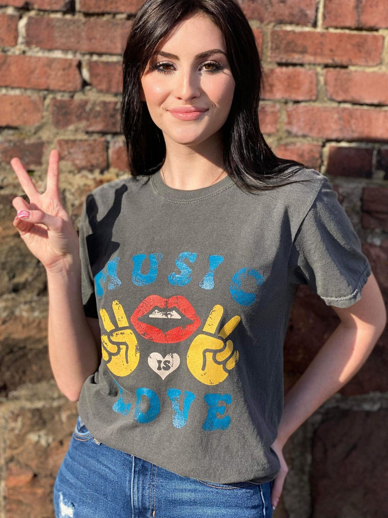 comfort colors pepper short sleeve tee with "Music Is Love" Screen Printed in Blue, Yellow, Red, and White with Peace Sign Hands and Red Lips