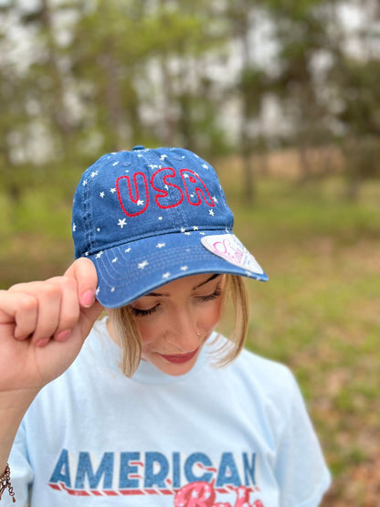 USA Star With Hidden Ponytail Hat-ASK Apparel LLC 