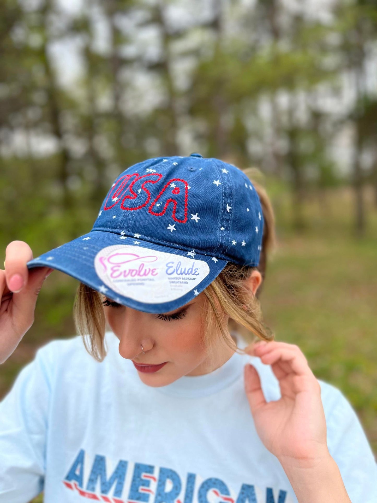 USA Star With Hidden Ponytail Hat-ASK Apparel LLC