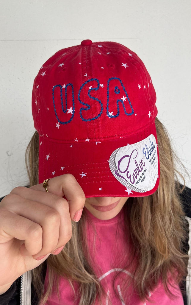 USA Star With Hidden Ponytail Hat-ASK Apparel LLC